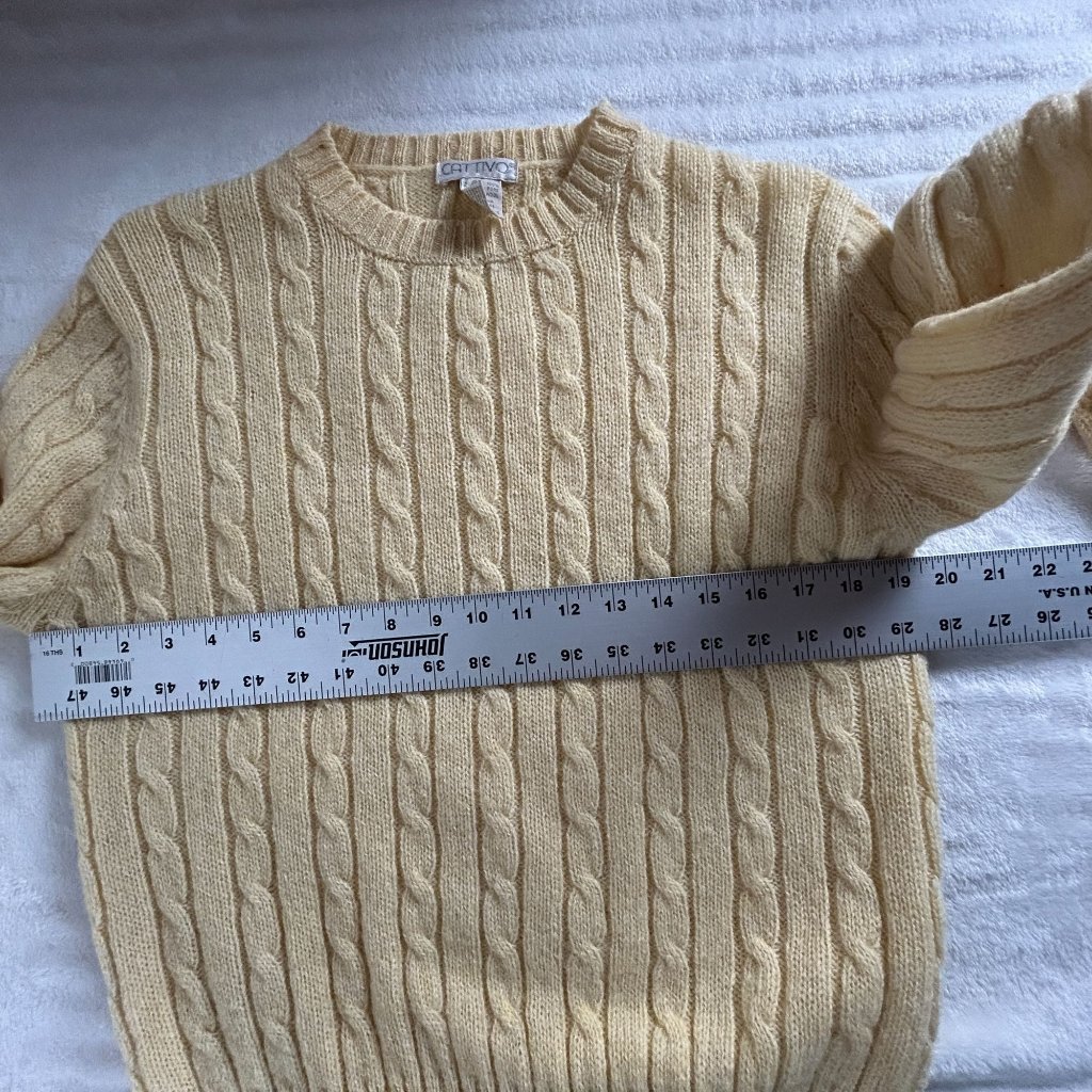 Cattivo Womens Shetland Wool Cable Knit Sweater Yellow Crew Neck Pullover Casual — image 6 of 7